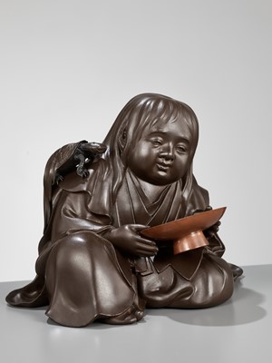 Lot 105 - A SUPERB BRONZE OKIMONO OF A SHOJO, A COLLABORATION BETWEEN THREE METALWORKERS