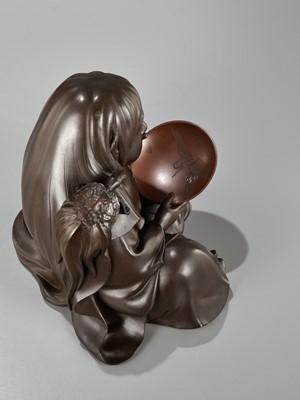 Lot 105 - A SUPERB BRONZE OKIMONO OF A SHOJO, A COLLABORATION BETWEEN THREE METALWORKERS
