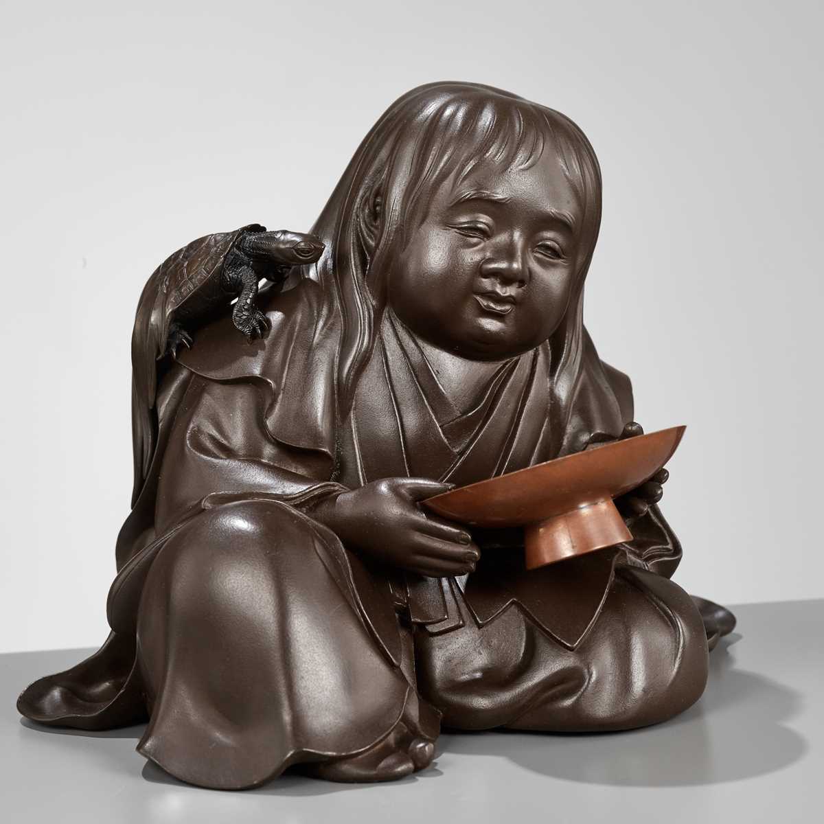 Lot 105 - A SUPERB BRONZE OKIMONO OF A SHOJO, A COLLABORATION BETWEEN THREE METALWORKERS