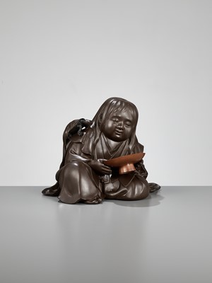 Lot 105 - A SUPERB BRONZE OKIMONO OF A SHOJO, A COLLABORATION BETWEEN THREE METALWORKERS