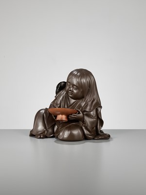 Lot 105 - A SUPERB BRONZE OKIMONO OF A SHOJO, A COLLABORATION BETWEEN THREE METALWORKERS