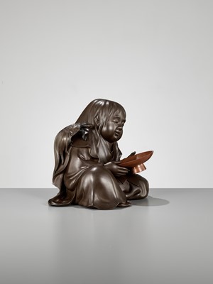 Lot 105 - A SUPERB BRONZE OKIMONO OF A SHOJO, A COLLABORATION BETWEEN THREE METALWORKERS