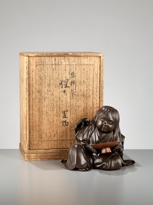 Lot 105 - A SUPERB BRONZE OKIMONO OF A SHOJO, A COLLABORATION BETWEEN THREE METALWORKERS