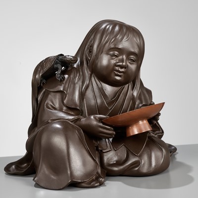Lot 105 - A SUPERB BRONZE OKIMONO OF A SHOJO, A COLLABORATION BETWEEN THREE METALWORKERS