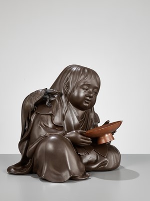 Lot 105 - A SUPERB BRONZE OKIMONO OF A SHOJO, A COLLABORATION BETWEEN THREE METALWORKERS