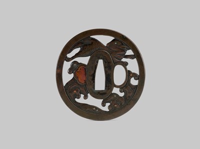 Lot 292 - SHOAMI YUKIMITSU: A FINE SHIBUICHI TSUBA DEPICTING THE WHITE HARE OF INABA LEAPING OVER WAVES