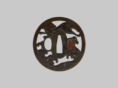 Lot 292 - SHOAMI YUKIMITSU: A FINE SHIBUICHI TSUBA DEPICTING THE WHITE HARE OF INABA LEAPING OVER WAVES