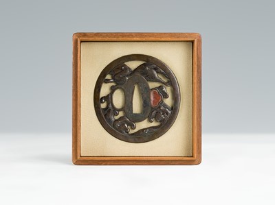 Lot 292 - SHOAMI YUKIMITSU: A FINE SHIBUICHI TSUBA DEPICTING THE WHITE HARE OF INABA LEAPING OVER WAVES
