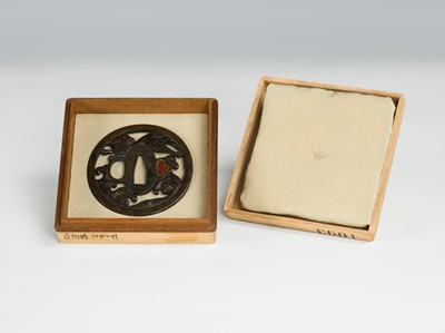 Lot 292 - SHOAMI YUKIMITSU: A FINE SHIBUICHI TSUBA DEPICTING THE WHITE HARE OF INABA LEAPING OVER WAVES