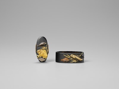 Lot 99 - IWAMOTO RYOKAN: A FINE IWAMOTO SCHOOL SHAKUDO AND GOLD FUCHI AND KASHIRA WITH AQUATIC LIFE