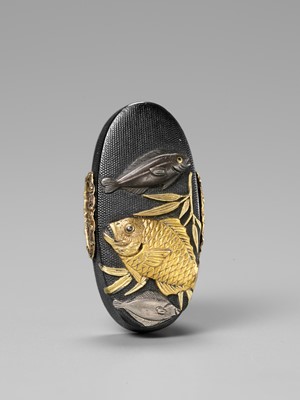 Lot 99 - IWAMOTO RYOKAN: A FINE IWAMOTO SCHOOL SHAKUDO AND GOLD FUCHI AND KASHIRA WITH AQUATIC LIFE