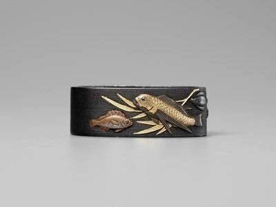 Lot 99 - IWAMOTO RYOKAN: A FINE IWAMOTO SCHOOL SHAKUDO AND GOLD FUCHI AND KASHIRA WITH AQUATIC LIFE