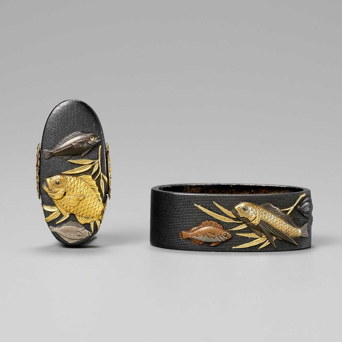 Lot 99 - IWAMOTO RYOKAN: A FINE IWAMOTO SCHOOL SHAKUDO AND GOLD FUCHI AND KASHIRA WITH AQUATIC LIFE