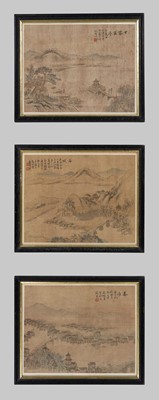 Lot 384 - THREE MOUNTAINOUS RIVER LANDSCAPE PAINTINGS WITH PAVILIONS, BY WANG YUANQI (1642-1715) OR A FOLLOWER, ONE PAINTING DATED 1714