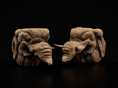 Lot 323 - A RARE PAIR OF CARVED WOOD ‘BAKU’ ARCHITECTURAL ELEMENTS