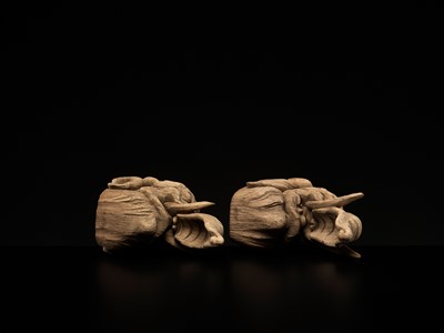 Lot 323 - A RARE PAIR OF CARVED WOOD ‘BAKU’ ARCHITECTURAL ELEMENTS