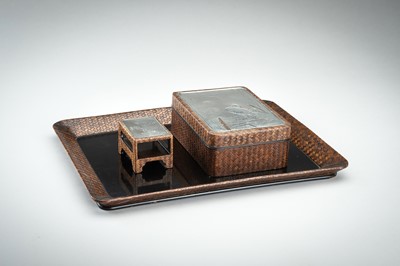 Lot 29 - A SET WITH THREE LACQUER, SILVER AND WOVEN RATTAN ITEMS, MEIJI