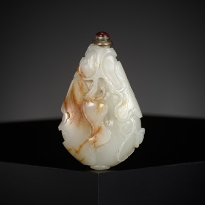 Lot 124 - A WHITE AND RUSSET JADE ‘GOURD AND BUTTERFLY’ SNUFF BOTTLE, CHINA, 18TH CENTURY