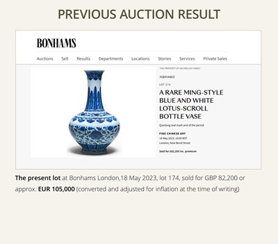 Lot 277 - A BLUE AND WHITE ‘MING-STYLE’ BOTTLE VASE, QIANLONG MARK AND PERIOD
