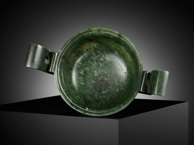Lot 37 - A SPINACH-GREEN JADE GUI-FORM CENSER AND COVER, QIANLONG PERIOD