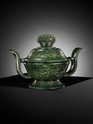 Lot 37 - A SPINACH-GREEN JADE GUI-FORM CENSER AND COVER, QIANLONG PERIOD