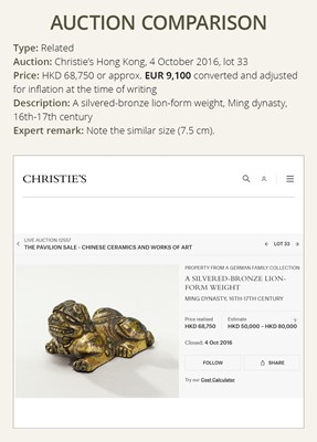 Lot 163 - A GILT BRONZE LION-FORM WEIGHT, LATE MING DYNASTY