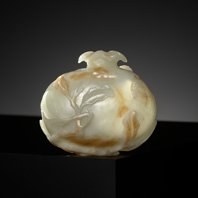 Lot 95 - A PALE CELADON AND RUSSET JADE ‘CICADA AND POMEGRANATE’ WATER POT, CHINA, 18TH CENTURY