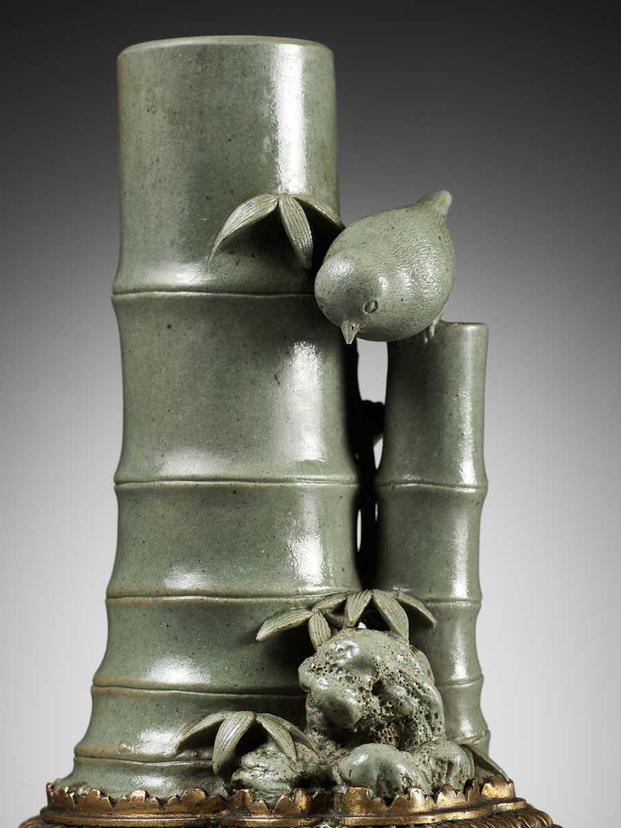 Lot 128 - A CELADON-GLAZED ‘BAMBOO’ DOUBLE VASE, THE GILT-BRONZE MOUNTS BY L’ESCALIER DE CRISTAL