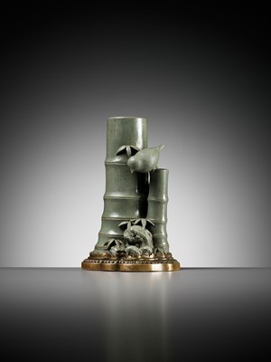 Lot 128 - A CELADON-GLAZED ‘BAMBOO’ DOUBLE VASE, THE GILT-BRONZE MOUNTS BY L’ESCALIER DE CRISTAL