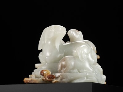 Lot 29 - A WHITE AND RUSSET JADE ‘SANYANG AND LINGZHI’ GROUP, QING DYNASTY