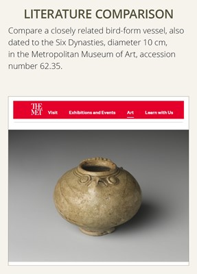 Lot 137 - A YUE WARE ‘BIRD’ WATERPOT, SIX DYNASTIES