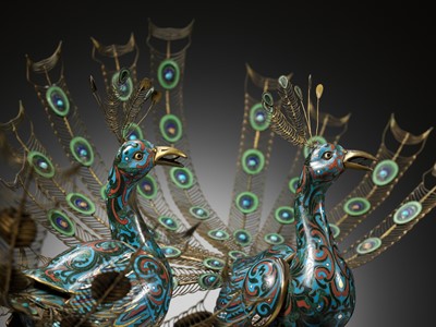 Lot 100 - A PAIR OF TURQUOISE-INLAID CLOISONNE ENAMEL ‘PEACOCK’ CENSERS AND COVERS, QING DYNASTY