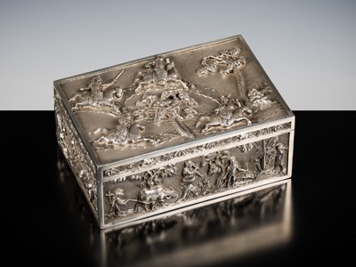 Lot 960 - AN EXPORT SILVER REPOUSSÉ CIGAR BOX AND COVER, TONG YI MARK, LATE QING DYNASTY