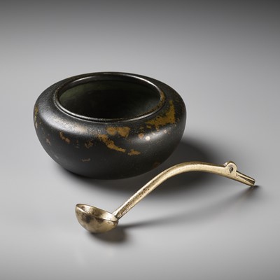 Lot 707 - A BRONZE WATERPOT AND SPOON, QING DYNASTY