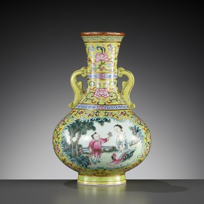 Lot 126 - A MAGNIFICENT IMPERIAL-YELLOW GROUND FAMILLE ROSE ‘LADY AND CHILD’ VASE, QING DYNASTY