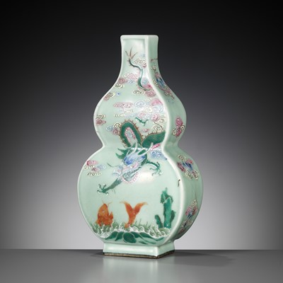 Lot 226 - A CELADON-GROUND FAMILLE ROSE ‘DRAGONS AND CARP’ DOUBLE-GOURD VASE, 18TH-19TH CENTURY