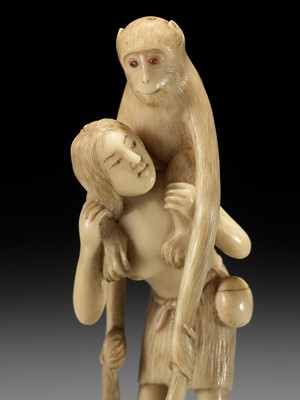 Lot 351 - KAIGYOKUSAI: A FINE IVORY NETSUKE OF A FISHER GIRL (AMA) WITH TENAGA MONKEYS