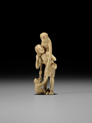 Lot 351 - KAIGYOKUSAI: A FINE IVORY NETSUKE OF A FISHER GIRL (AMA) WITH TENAGA MONKEYS