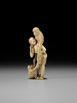 Lot 351 - KAIGYOKUSAI: A FINE IVORY NETSUKE OF A FISHER GIRL (AMA) WITH TENAGA MONKEYS