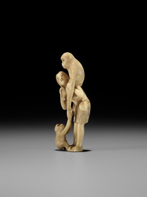 Lot 351 - KAIGYOKUSAI: A FINE IVORY NETSUKE OF A FISHER GIRL (AMA) WITH TENAGA MONKEYS