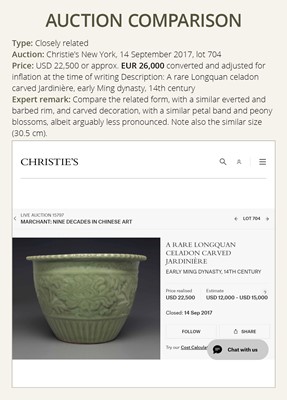 Lot 475 - A LARGE CARVED LONGQUAN CELADON JARDINIÈRE, EARLY MING DYNASTY