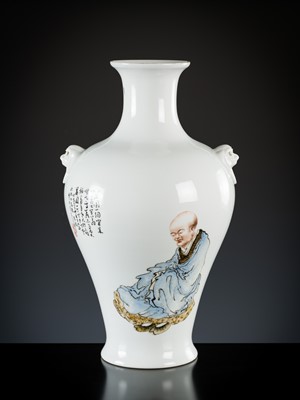Lot 583 - A FAMILLE ROSE ‘SCHOLAR’ VASE, INSCRIBED WANG QI (1884-1937), DATED 1929