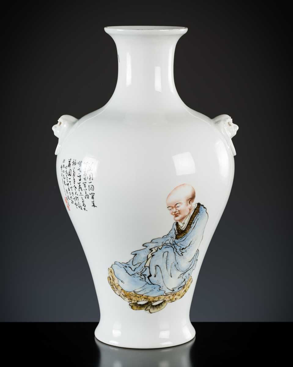 Lot 583 - A FAMILLE ROSE ‘SCHOLAR’ VASE, INSCRIBED WANG QI (1884-1937), DATED 1929