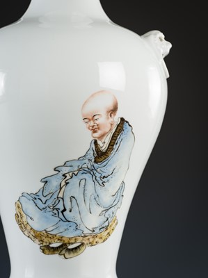 Lot 583 - A FAMILLE ROSE ‘SCHOLAR’ VASE, INSCRIBED WANG QI (1884-1937), DATED 1929