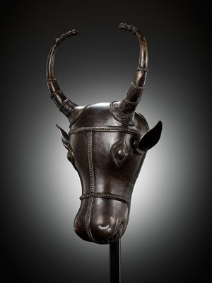 Lot 302 - A BRONZE BHUTA CULT MASK OF NANDI, SOUTH INDIA, LATE 18TH TO EARLY 19TH CENTURY