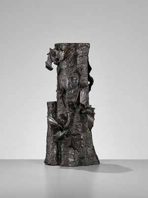 Lot 106 - A LARGE BRONZE VASE IN THE FORM OF A PRUNUS TREE WITH FIVE BATS