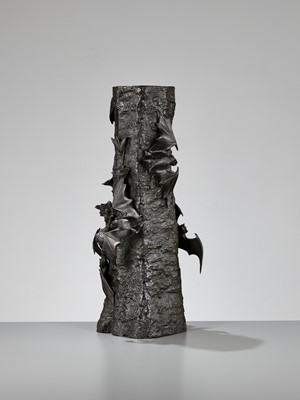 Lot 106 - A LARGE BRONZE VASE IN THE FORM OF A PRUNUS TREE WITH FIVE BATS
