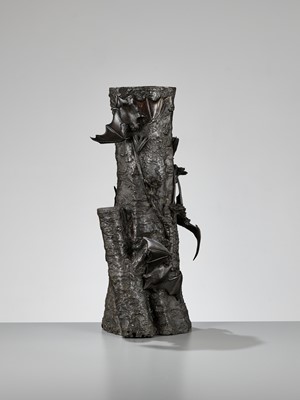 Lot 106 - A LARGE BRONZE VASE IN THE FORM OF A PRUNUS TREE WITH FIVE BATS