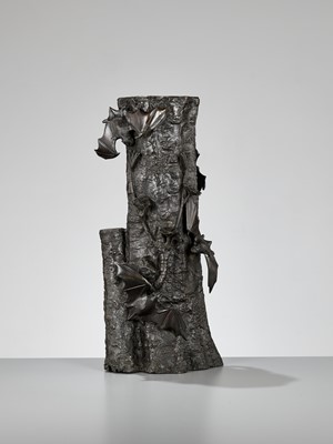 Lot 106 - A LARGE BRONZE VASE IN THE FORM OF A PRUNUS TREE WITH FIVE BATS