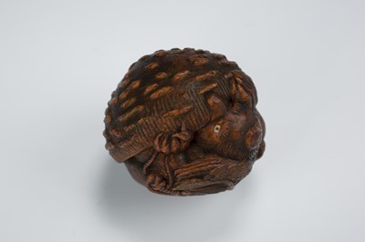 A WOOD NETSUKE OF KONOHA TENGU HIDING